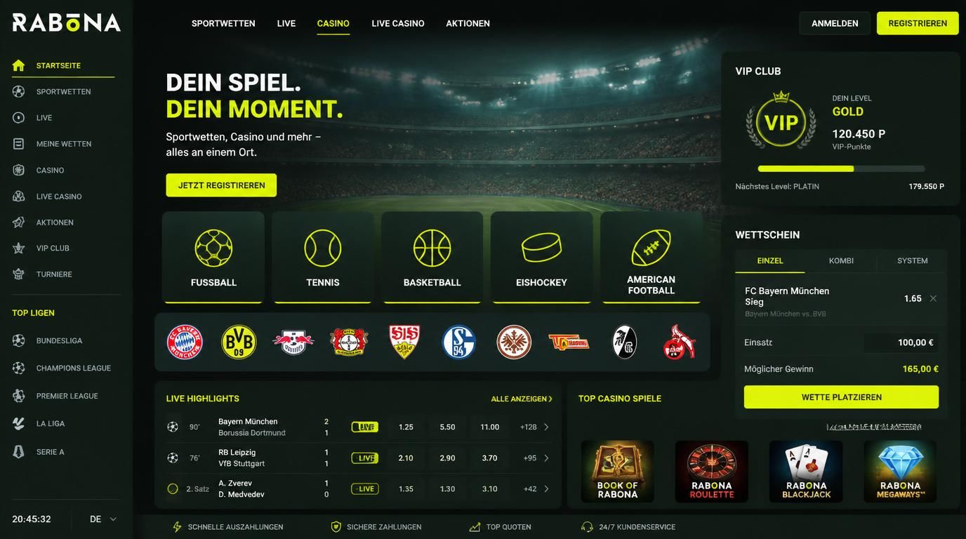  Die fünf Sportarten mit VIP-Service und starken Limits bei Rabona Casino 