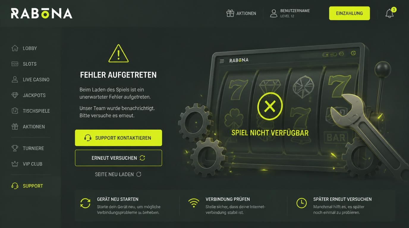 Fehlermeldung auf Casino-Bildschirm mit Reparatur-Symbol